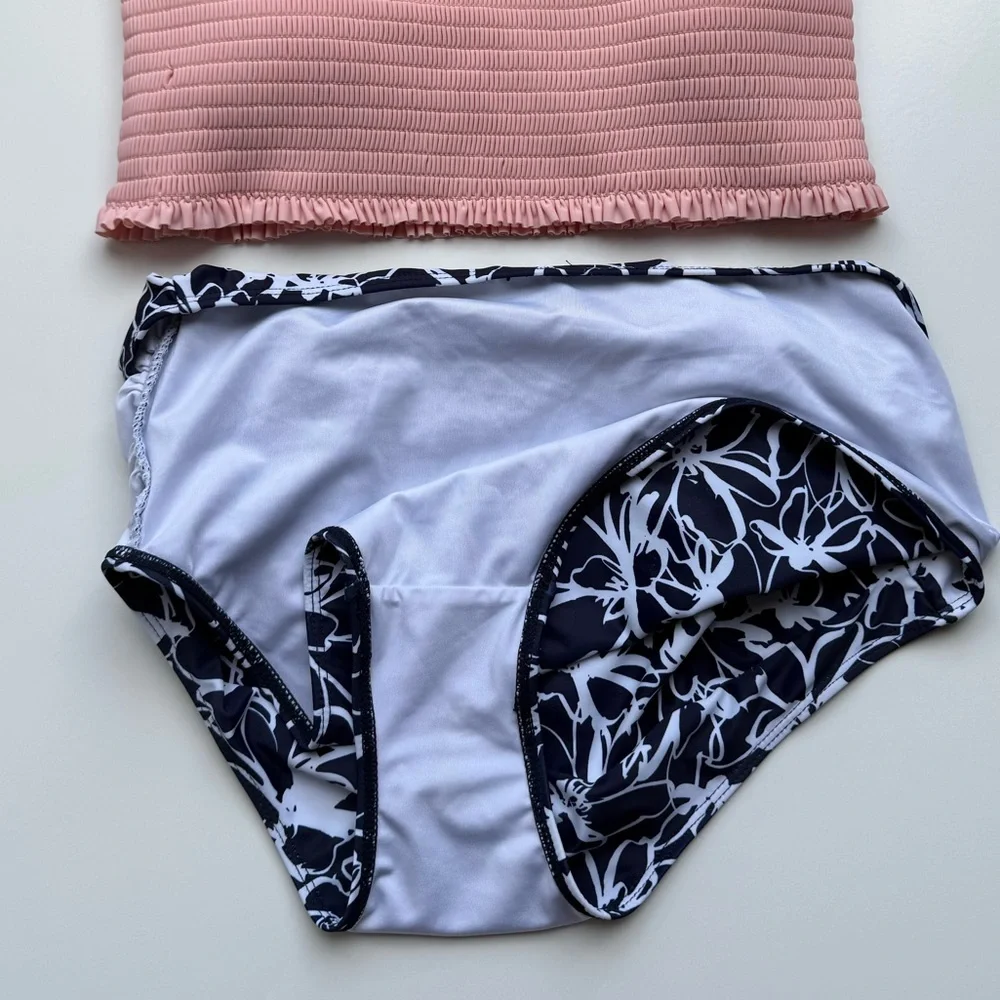 Maternity Pink Ruffle Navy Blue Floral Bikini Swimsuit Set High Waist, Size M - Picture 4 of 7